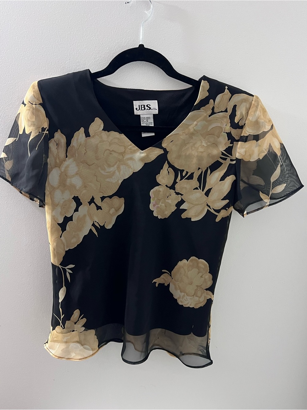 J.B.S. Black Sheer Short Sleeve Top with Cream Floral Print
